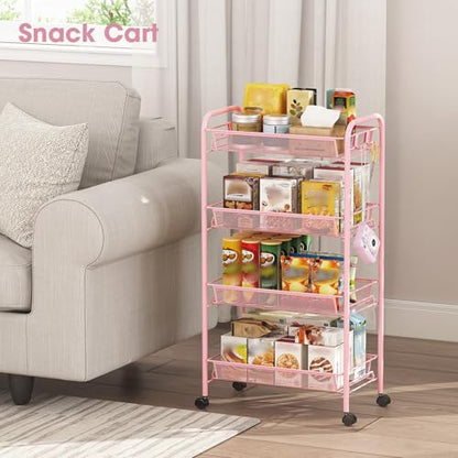 TOOLF 4 Tier Rolling Cart, Metal Utility Storage Cart with Wheels, Pink - color: Pink, size: 4-Tier