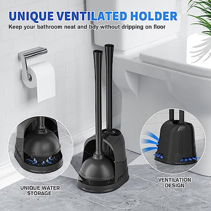 LOVLOY Toilet Plunger and Brush, Bowl Brush and Heavy Duty Toilet Plunger Set with Ventilated Holder, 2-in-1 Toilet Brush and Plunger Combo for 5.3-inch Toilet Drain Bathroom Cleaning (Black) - color: Black