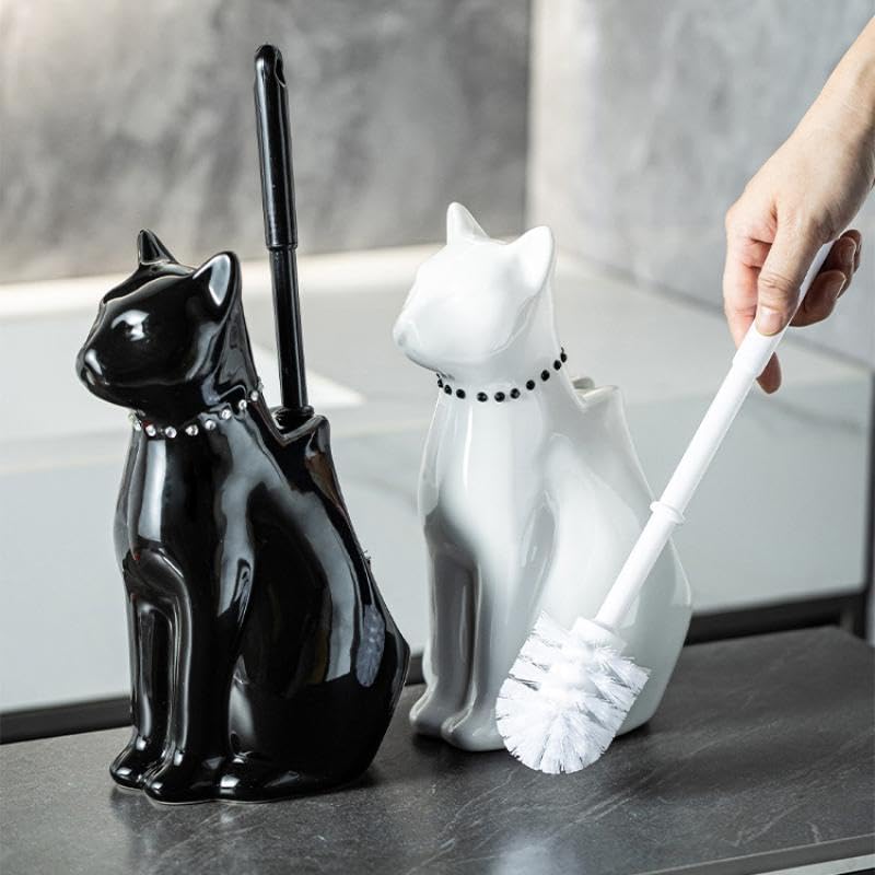 Comeon Ceramic Cat Toilet Brush and Holder Set, Plastic Handle, Black - color: Black, size: Cat