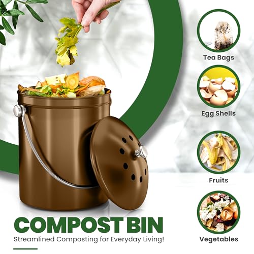 Utopia Kitchen Countertop Compost Bin 1.3 Gallon, Stainless Steel, Bronze - color: Bronze, size: 1.3 Gallon (Pack of 1)