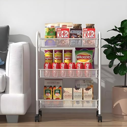 Storage Carts 3-Tier, Metal Utility Rolling Cart, White - color: White