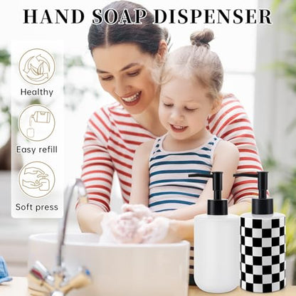 Soap Dispenser with Matte Black Pump, Ceramic Soap Dispenser Bathroom, Checkerboard Dish Soap Lotion Dispenser for Kitchen Sink, Black & White Plaid Refillable Liquid Hand Soap Bottle - color: Black & White