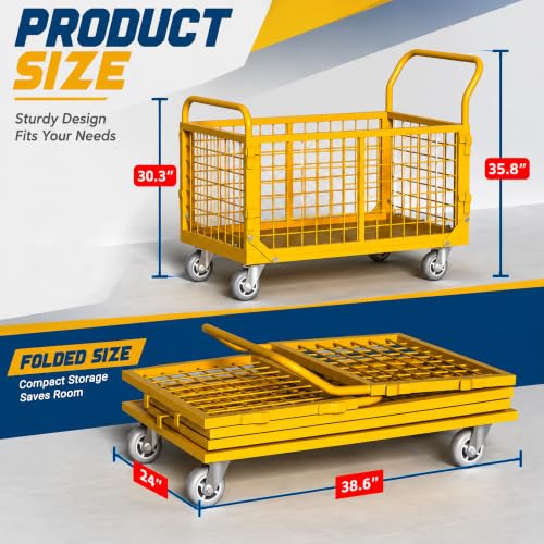 Platform Truck with Cage,5-in-1 Collapsible Heavy-Duty Push Cart Dolly Load 1800 LB,Large Flatbed Hand Truck for Grocery/Laundry/Stall/Storage - color: Yellow