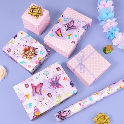 WERNNSAI Butterfly Wrapping Paper Girl, 33 ft Reversible Polka Dot Design - color: Butterfly