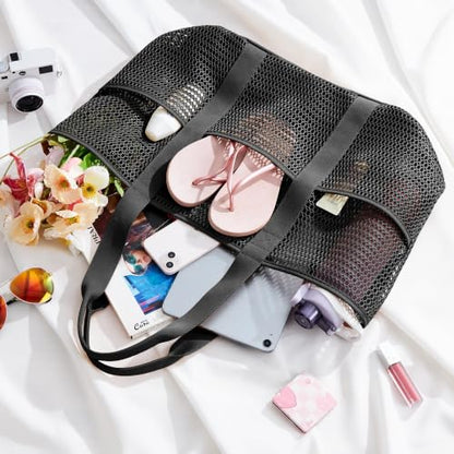 KALIDI Beach Mesh Tote Bag, Casual MAX 23L Summer Foldable Hobo Bag Women - color: Black 30l