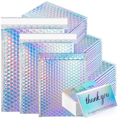 50 Pack Metallic Bubble Mailers, Holographic Bubble Mailer, 3 Size