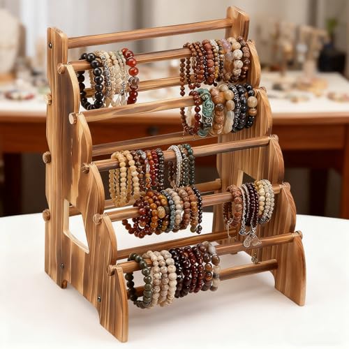 8 Tier Wooden Bracelet Holder, Adjustable Jewelry Bracelet Display Stand, Elegant Portable Wooden Bangle Holder, Jewelry Display Storage for Vendors, Retail Stores, Craft Shows and Home Storage