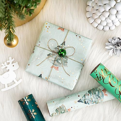WRAPAHOLIC Christmas Wrapping Paper - 3 Rolls, 17 Inch X 120 Inch Each - Green Foil Christmas Tree, Snowflake Designs with Metallic Shine - Perfect for Christmas, Holiday - color: Christmas - Green Foil