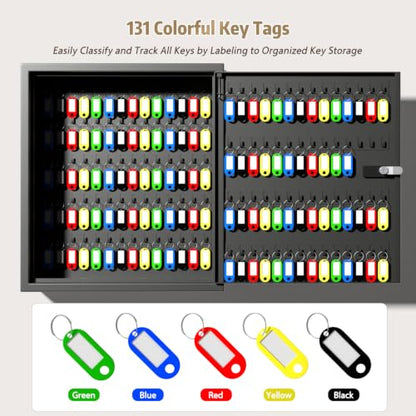 Key Cabinet Lock Box with 131-Keys: Steel Wall Mount Key Box Organizer - Large Storage and Secure Combination Lock Boxes for Home Office Business - Black - color: Matte Black