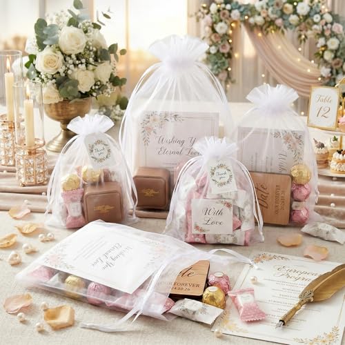 FUNFERY 100Pcs White Organza Bags 5x7 in,Small Mesh Drawstring Gift Bag - color: Classic White