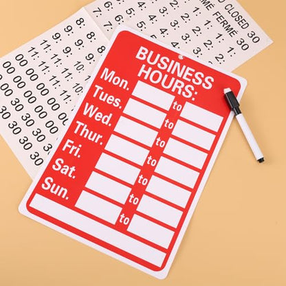 Business Hours Sign, Changeable Operation Times Sign Kit with Matching Sticker & Pen Hangable Writable Store Office Open Closed Hours Boards for Glass Door Window