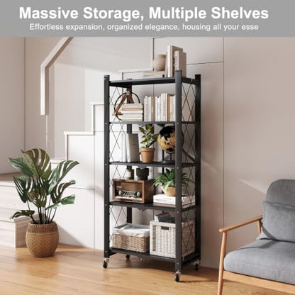 5 Tier Folding Shelf with Wheels,Metal Steel Collapsible Shelves - color: Black, size: 5 Tier