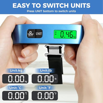 BAGAIL Digital Luggage Scale, 110lbs Hanging Baggage Scale with Backlit LCD Display, Portable Suitcase Weighing Scale, Travel Luggage Weight Scale with Hook, Strong Straps for Travelers - color: Blue
