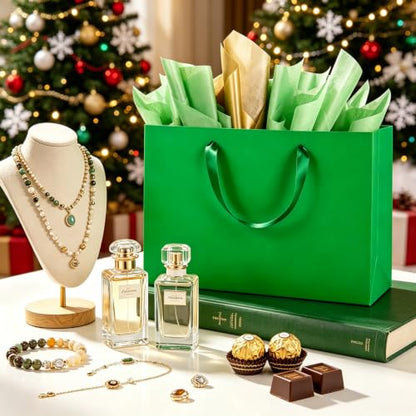 Epoesch 4 Pack Medium Green Gift Bags with Handles and 12 Tissue Papers - color: Green Gift Bags