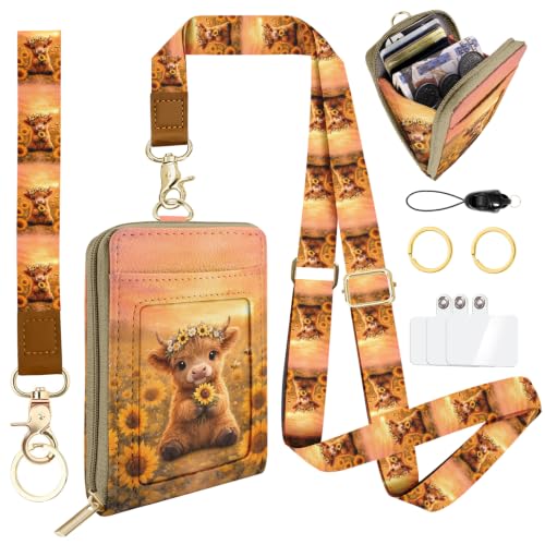 Highland Cow Sunflower Lanyard Wallet Credit Card Holder Small Wallet for Women, Slim RFID Blocking ID Badge Holder Keychain with Zipper Coin Pocket, Thin Travel Card Case with ID Window Ladies Gifts - color: Highland Cow Sunflower Yellow