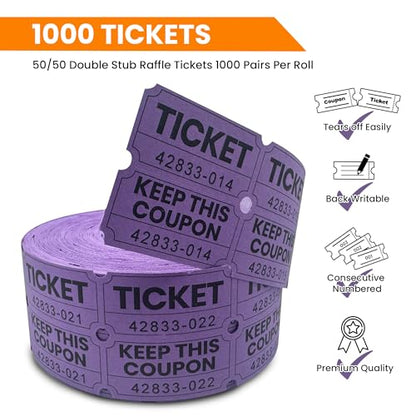 PM Company 2000 Pcs (1000 Pairs) Raffle Tickets Double Roll, 50/50 Purple - color: Purple