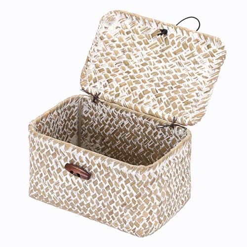 Hipiwe Wicker Shelf Basket Box Mini Seagrass Baskets with Lid,6.1"x4"x3.3" - color: Whitewash color, size: 6.1" x 4" x 3.3"