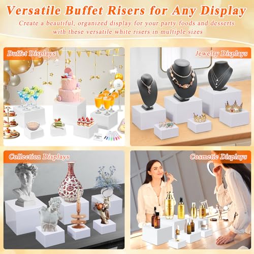 White Acrylic Buffet Risers and Stand Food Risers with Mini Sign and Maker - color: 8" 7" 6" 5" 4" 4"