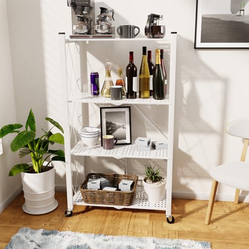 4-Tier Folding Shelf with Wheels No Assembly Portable Shelves - color: White, size: 4 Tier