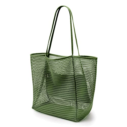 KALIDI Beach Mesh Tote Bag, Casual MAX 23L Summer Foldable Hobo Bag Women - color: Army Green