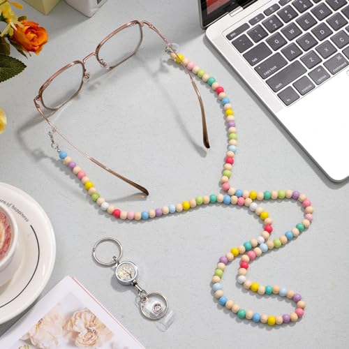 Lanyards for ID Badges Teacher Gifts Wooden Beaded Lanyard Retractable Reel - color: Colorful
