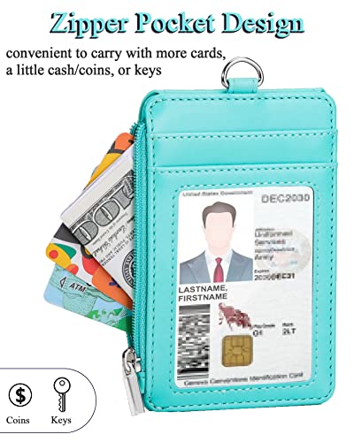 Teskyer Leather ID Badge Holder with Lanyard, Lanyard Wallet, Cyan - color: Cyan, size: 3.1" x 4.7"