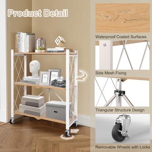 Hershii 3-Tier Foldable Storage Shelves with Wheels Heavy Duty Metal Shelf - size: 3-Tier (35.2 X 27.5 X 13.38 IN)