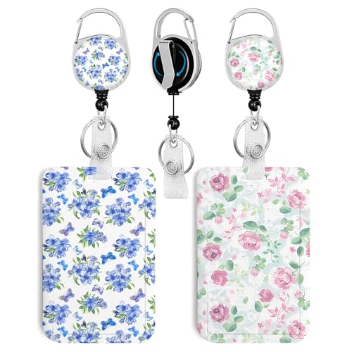 2 Pack Flowers ID Badge Holder with Clip Badge Reels - color: 2 Pack-flowers3