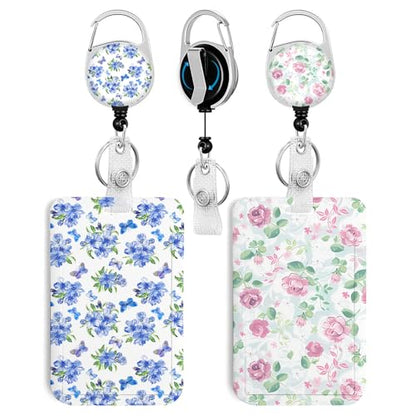 2 Pack Flowers ID Badge Holder with Clip Badge Reels - color: 2 Pack-flowers3