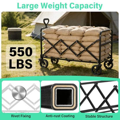 Upgraded Heavy Duty Foldable Wagon – 550LBS Capacity, All-Terrain Wheels & Brakes, Large Collapsible Cart for Beach, Camping, Grocery & Sports (Black) - color: Black_550lbs