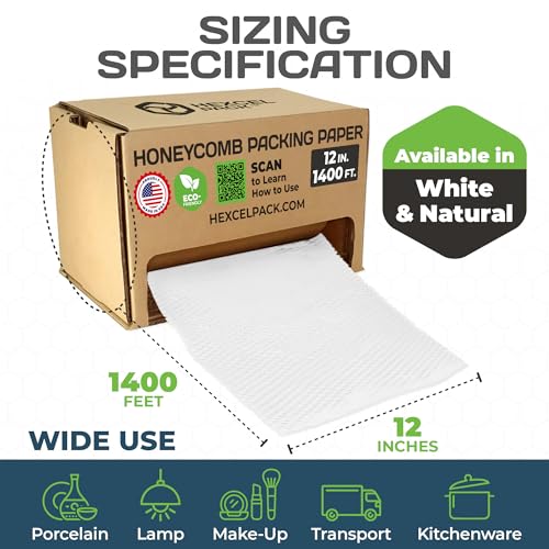 HexcelPack HexcelWrap Mini Honeycomb Packing Paper - White, 12" x 1400' - color: White HoneyComb, size: 12" x 1400 Feet - Roll with Dispenser Box