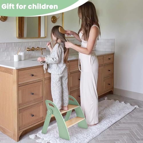 Wooden 2 Step Stool for Toddlers, Foldable 2-Step with Non-Slip Pads and Handles, Bamboo Step Stool for Kids Bathroom Sink and Potty Training, Kitchen Helper, Nursery Bedroom (Green) - color: Green
