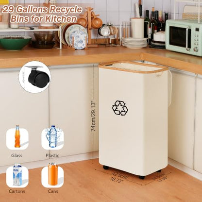 iEGrow 111L Recycling Bins for Kitchen,29Gal Recycle Bins with Lid,Beige - color: Beige, size: 29 Gallons - With Wheels