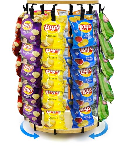 Chip Rack Display Stand, 5 Tier 40 Clips Display Stand, Rotating - color: Light Wood- 2025 Upgraded