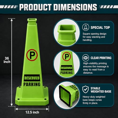 BESEA Reserved Parking Cones 3 Pack, 36 Inch Green Weighted Parking Cones - color: Green, size: 36INCH With Caution Sign
