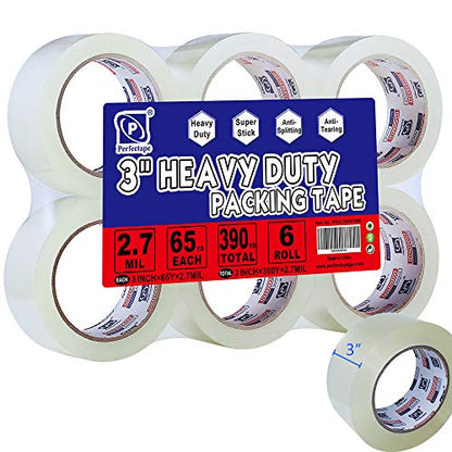 PERFECTAPE 3" Heavy Duty Packing Tape 6 Rolls, Total 390Y, Clear, 2.7 mil, 3 inch x 65 Yards, Ultra Strong, Refill for Packaging and Shipping(3" Width, not 2" Width) - size: 6-Pack