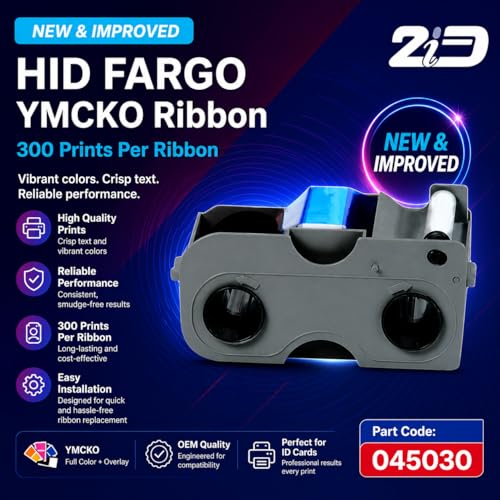 New & Improved 2ID Fargo YMCKO Ribbon Cartridge for DTC1250 | Genuine OEM | Upgraded 300 Prints (was 250) | Cleaning Roller | ID Card Printer Ribbon