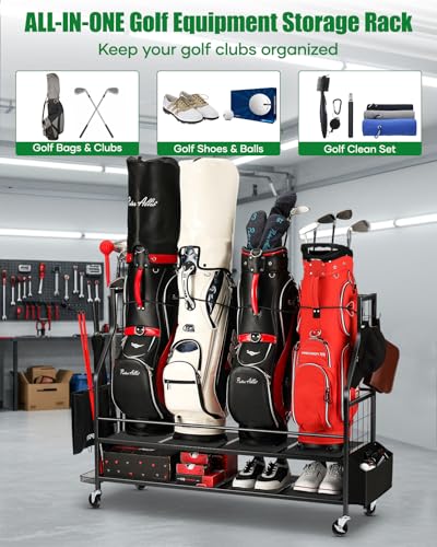 FHXZH Golf Bag Storage Garage Organizer - Golf Bag Stand with Wheels - color: Black - 4 Golf Bag Organizer