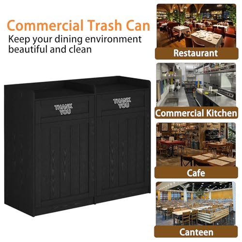 Double 40 Gallon Restaurant Trash Can Cabinet, Wooden Commercial Trash Cans and Garbage Receptacle with Tray Holder, Large Trash Cabinet for Restaurant, Kitchen, Office, Black (Black, Double) - color: Black-a, size: Full