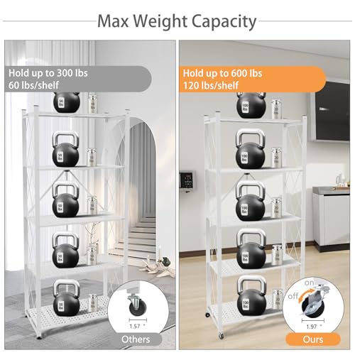 5-Tier Folding Shelf with Wheels No Assembly Portable Shelves - color: White, size: 5 Tier