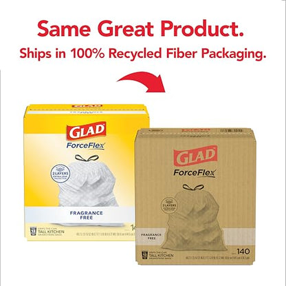 Glad ForceFlex Tall Kitchen Drawstring Trash Bags, 13 Gal, Fragrance Free, 140 Ct (Package May Vary) - size: 140 Count (Pack of 1)