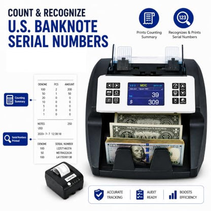 MA-180S Bill Counter Machine - Mixed Denomination Money Counter with Value Count, CIS Sensor, Serial Number Recognition, UV/MG/IR Counterfeit Detection, Bank-Grade Currency Counter for Business