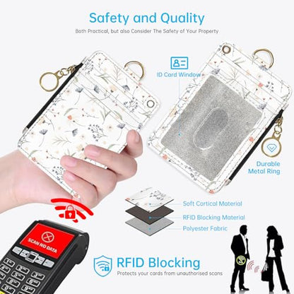 2-in-1 ID Badge Holder & Lanyard Wallet，Cute Zippered Pouch White Flowers - color: White Flowers