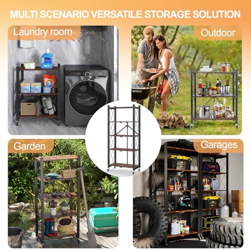 5-Tier Foldable Storage Shelves with Wheels,Folding Bookshelf no Assembly - color: Rustic Brown, size: 5 Tier