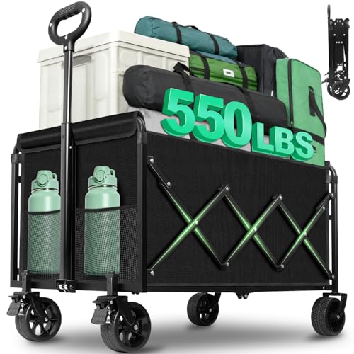 Upgraded Heavy Duty Foldable Wagon – 550LBS Capacity, All-Terrain Wheels & Brakes, Large Collapsible Cart for Beach, Camping, Grocery & Sports (Black) - color: Black_550lbs