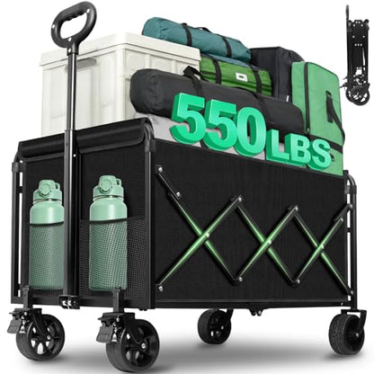 Upgraded Heavy Duty Foldable Wagon – 550LBS Capacity, All-Terrain Wheels & Brakes, Large Collapsible Cart for Beach, Camping, Grocery & Sports (Black) - color: Black_550lbs