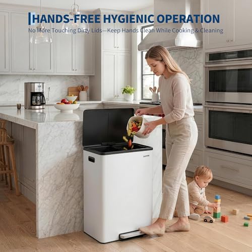 10.5 Gal Dual Compartment Stainless Steel Kitchen Trash Can with Lid, 20L+20L Recycling Garbage Bin, Soft Close Foot Pedal Trash Bin with 2 Removable Inner Buckets, Fingerprint Resistant for Home Offi - color: White, size: 2x5.25Gal