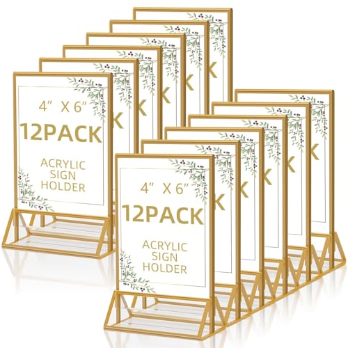 PPH-Sisy 4x6 Acrylic Sign Holders 12 Pack Gold Picture Frames Table Top Sign Holders Flyer Menu Holder, Double-Sided Photo Frames Clear Display Stand for Wedding Party Home Office - color: Gold, size: 4x6-12 Pack