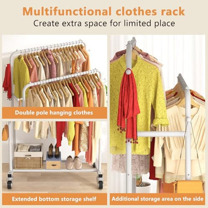 Laiensia Double Rods Garment Rack with Wheels, Clothing Rack for Hanging Clothes,4 Hooks, Multi-functional Bedroom Clothes Rack, White - color: White