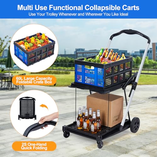 2-Tier Collapsible Aluminum Utility Cart, 198 Lb Capacity, 360° Wheels - color: Blue